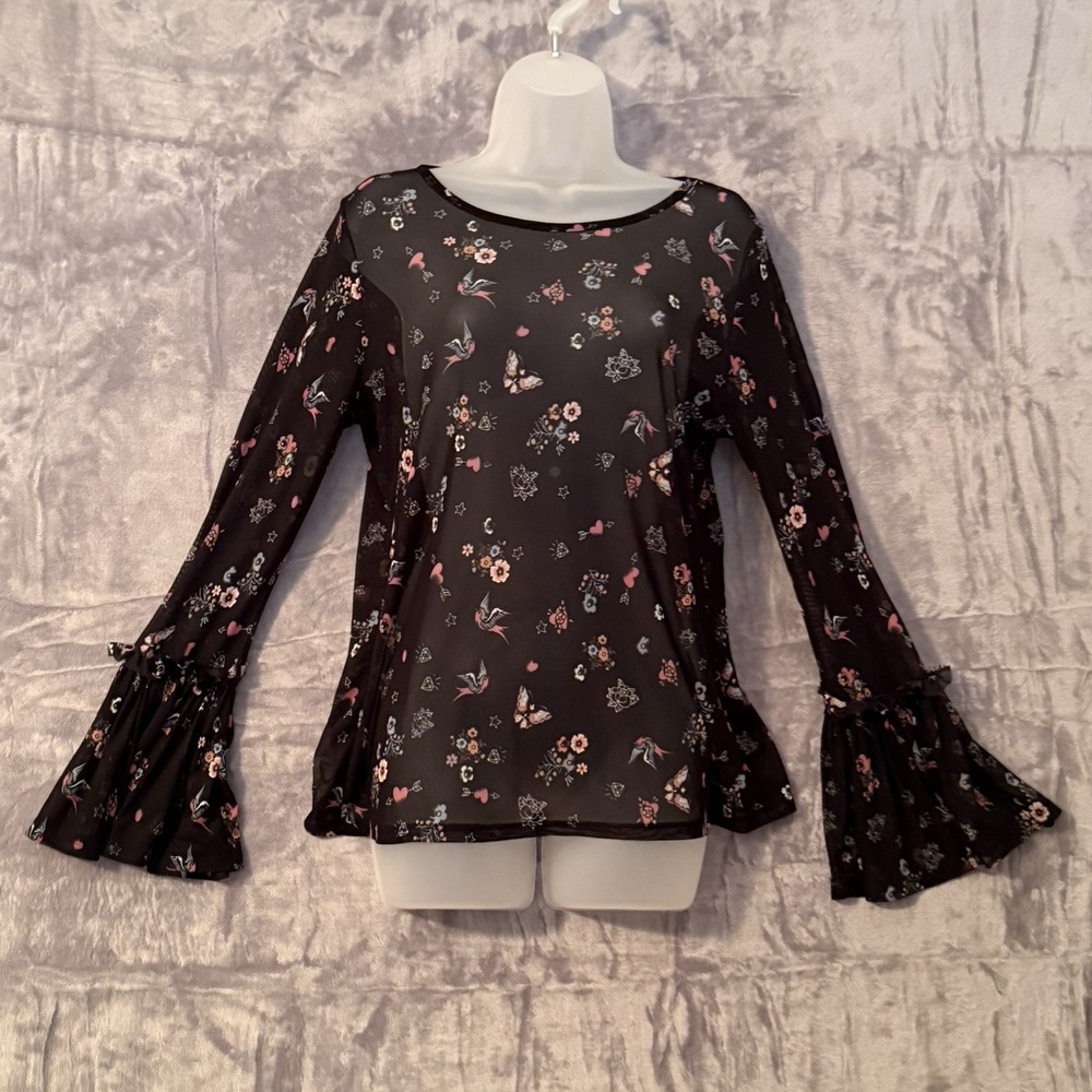 Freshman Top Mesh Fairy Grunge Shirt Size‎ L Whimsigoth Sheer Bell Sleeve Artsy